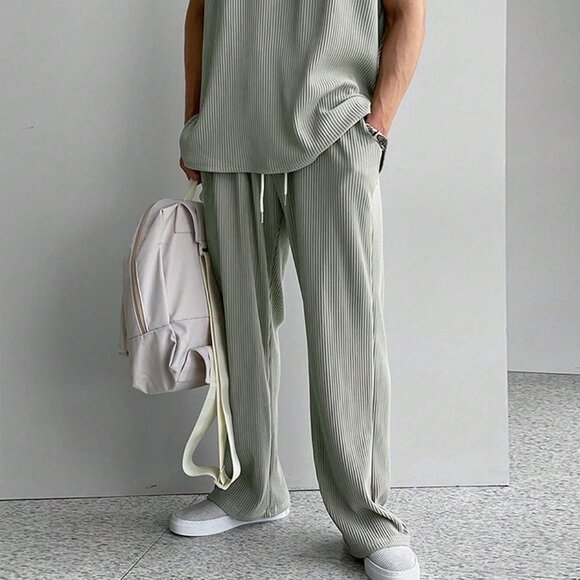 Light Grey Casual Mens Solid Tank Top & Drawstring Waist Pants - Picture 2 of 6